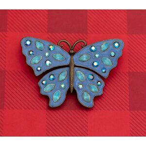 Vintage Art Nouveau Blue Butterfly Rhinestone Gold Tone Brooch by Avon - O22